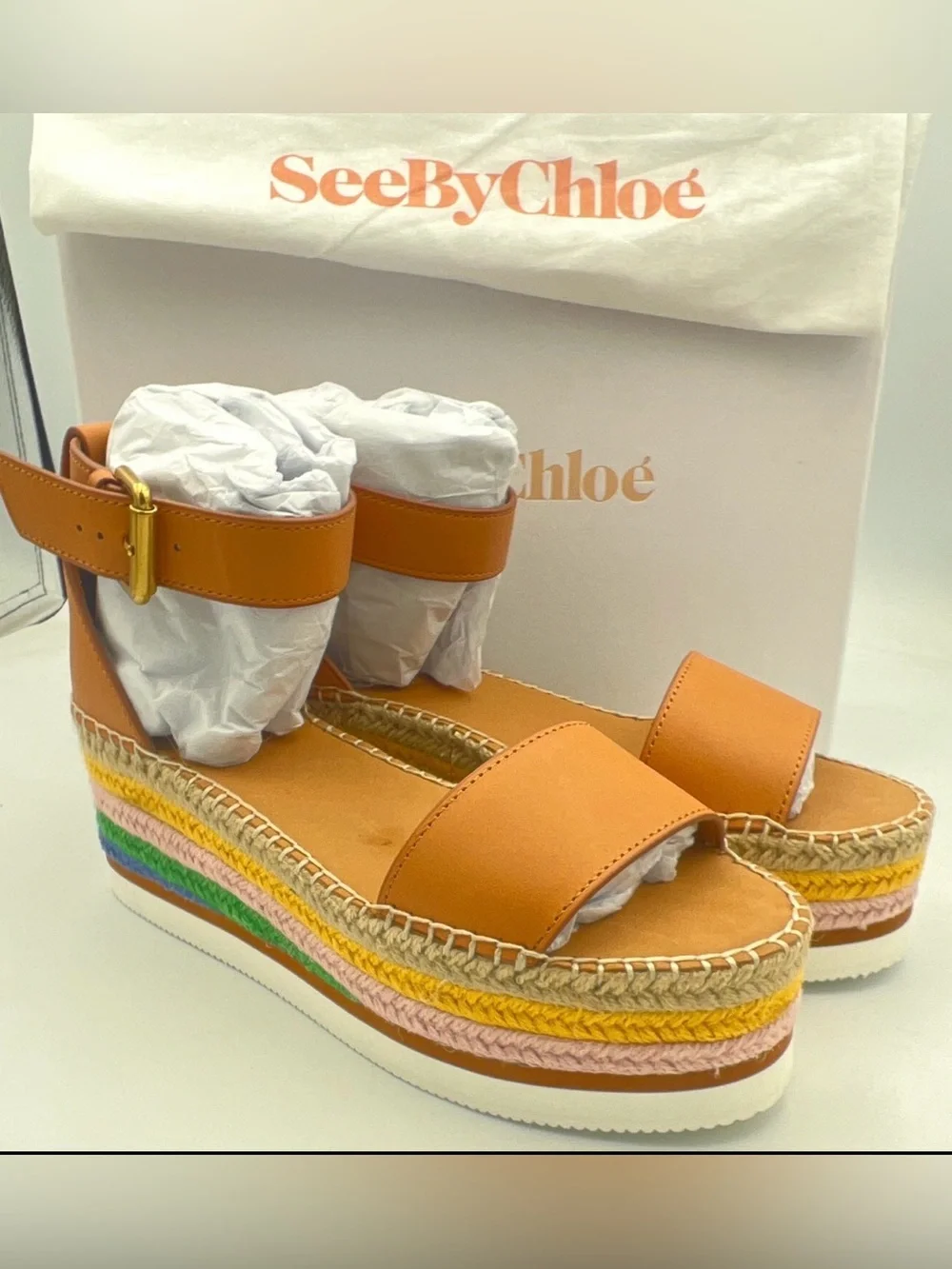 See by Chloé Glyn Tan Leather Espadrille Platform Wedge Sandal EU 40 NEWw/BOX